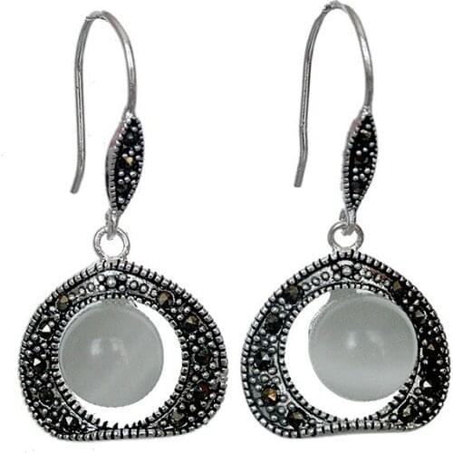 VINTAGE 925 STERLING 10MM WHITE Natural Stone ROUND BEADS EARRINGS 1.5" Natural Stone jewelry bread big earrings