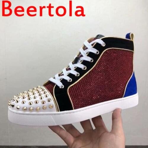 High Top Leather Spring Sports Shoes For Men Gold Spike Casual Flats Weave Style Loafers Rivets Mixed Color Toecap Sneakers