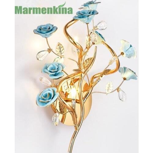 Iron art crystal ceramic wall lamp flower bedroom room bedside living room background wall arts and crafts decorative lights