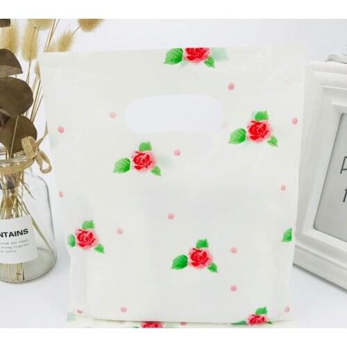 Yellow Red Rose Plastic Gift Bag Boutique Shopping Jewelry Handle Bags Pouches Plastic Gift Bags With Handles 20X25CM 100pcs