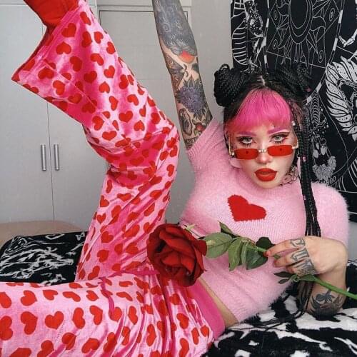 SEASONS Velvet Pink High Waist Pants Women Casual Heart Print Sweatpants Fashion Pocket Skinny Trousers Laides Autumn ASPA83391