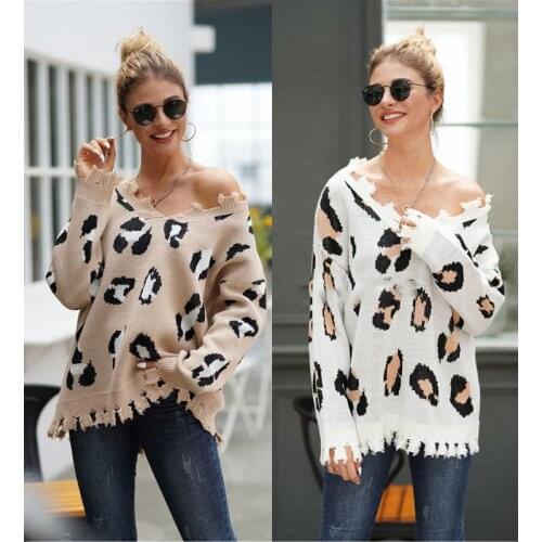 Autumn New Ladies Pullover Sweater Fashion Temperament Commuter Long-sleeved V-neck Loose Leopard Print Knitted Top Woman WY16
