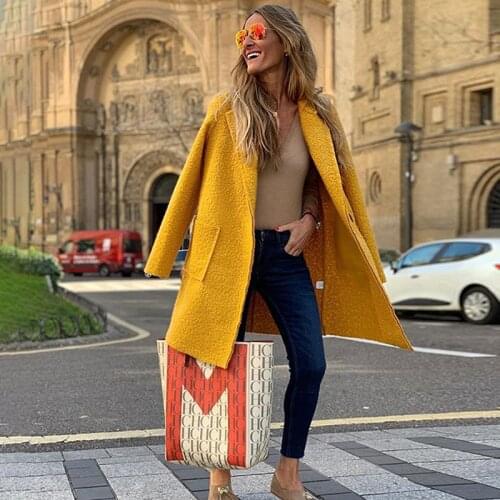 Woman Elegant Wool Coats Autumn Winter 2020 Yellow Loose Long Sleeve Casual Outerwear Plush Pocket Coat Button Overcoat Femme