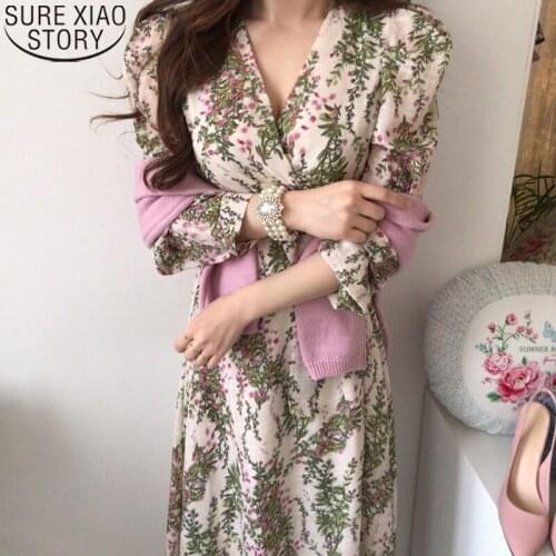 2021 New V-neck Floral Elegance Lace-Up Korean Chic Sexy Gentle Sweet Office Lady Plus Size Casual Print Midi Long Dress 14518