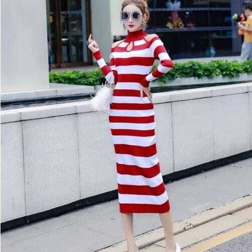 2020 autumn winter Sexy Dress Women Bodycon long Sleeve Striped Off Shoulder Knitted Dress Vestidos