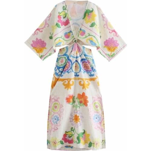 New Women Vintage Floral Printed Dress V-neck Wide Half Sleeves Hollow Out Waist Chic Lady Elegant Slit Midi Dresses Woman Robe