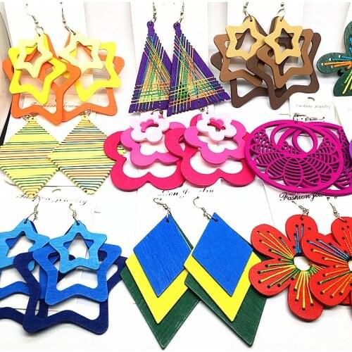 12 Pairs Womens Dangle Earrings Big Handmade Wooden Colorful Drop Earrings Party dress up Fashion Jewelry mix styles
