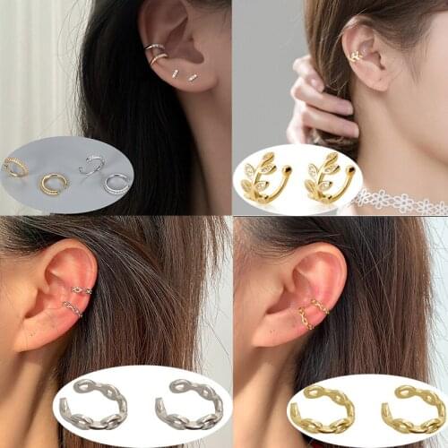2 Pcs/Set New Fashion Gold Metal Ear Cuff Earrings 1 Pcs Zircon Geometric Earrings Golden Leaf Ear Clip Chain Ear Clip For Women