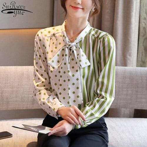 2021 Autumn Light Green Lace-up Chiffon Blouse Long Sleeve Womens Shirts Striped Bow-collar Office Lady Womans Blouses 10891