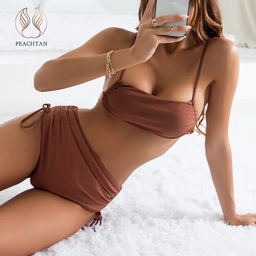 Peachtan Bandeau bikinis 2021 mujer High waist swimsuit women Drawstring swimwear female String 2 piece set Sexy bathing suit