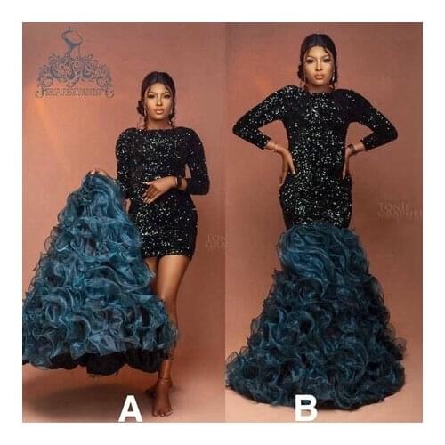 Sparking Black Sequin Short Cocktail Dress With Puffy Ruffles Organza Detachable Train Pretty Mermaid Evening Dresses Prom Gowns