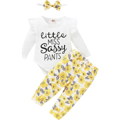 Baby Girl Rompers Sets Autumn Infant Long Sleeve Letters Printed Playsuits Halen Pants Sets with Headband Bodysuit Outfit Sets