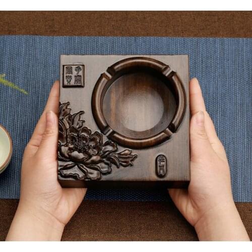 EbonyWood Carving New Chinese Style Retro Ashtray Creative Large Living Room Office Solid Wood Quality Destroy Ashtray Ornaments