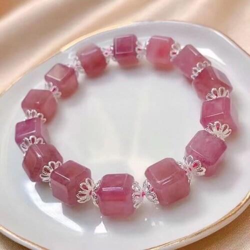 Fine Pink Natural Crystal Bracelet Quartzite Sugar Cubes Shape Beads Bracelets For Women Simple Sweet Stone Fshion Jewelry