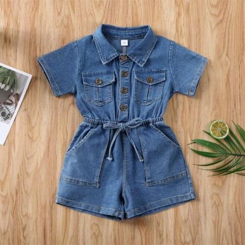 CANIS Toddler Kid Baby Girl Short Sleeve Button Solid Color Jumpsuit Bodysuit Denim Outfit One-Piece