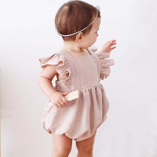 Baby Girls Rompers Summer Solid Color Cotton Linen Ruffles Fly Sleeveless Infant Kids Climb Clothing Jumpsuits 3-24M