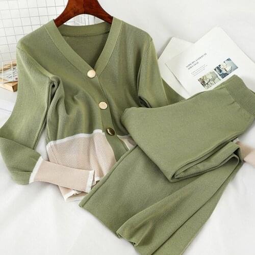 Spring autumn temperament new fashion suit short knit sweater coat small jacket wide leg casual trousers knitted two-piece suit