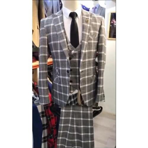 Slim fit men suits 3 piece Plaid fabric costume homme terno masculino wedding suits for men host stage sets jacket with pants