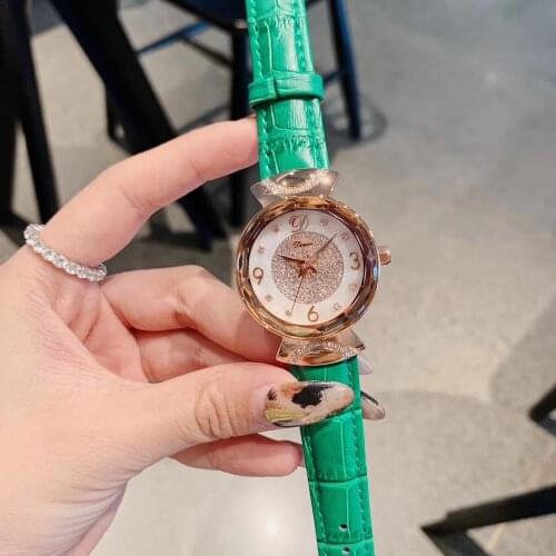 Summer Fashion Candy Colors Genuine Leather Strap Watches for Women Sparkly Crystals Watch Waterproof Quartz Wrist watch Analog