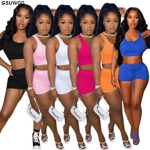 Gsuwoo Fitness Summer Sportwear Two Piece Sets Solid Sleeveless Vest Crop Tops Drawstring Bikes Shorts Women Joggers Tracksuit