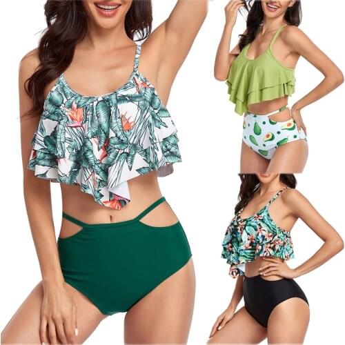 New Sexy Swimwear Womens Leaf Print Double Ruffle High Waist Bikini Swimsuit Female Bathing Suit Swim Wear Купальники Женские
