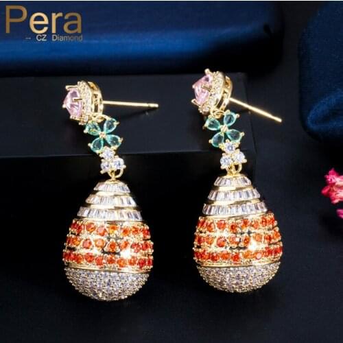 Pera Luxury Full Light Blue Red CZ Stone Pave Yellow Gold Long Water Drop Balls Wedding Party Dangle Earrings for Women E515
