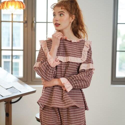 Pajama Woman Spring Autumn Cotton Lady Long Sleeve Royal Cotton Bow Tie With Casual Home Wear Suit Casual Sleepwear 2Pcs Пижам