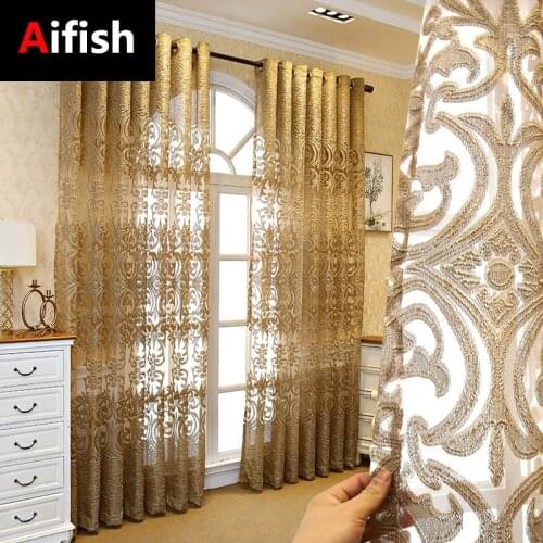 European Luxury Coffee Gold Lace Hollow Jacquard Window Screen For Palace Living Room Bedroom Decoration Hanging Tulle Curtains