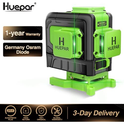 Huepar 12 Lines 3D Cross Line Laser Level Multifunction Green Beam Line With Remote Control & Li-ion battery For Tiles Floor
