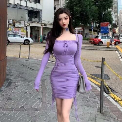 WOMENGAGA Korean Fashion Square Neck Long Sleeve Skinny Package Hip Dress Ruched Detail Now Side Drawstring Dresses 3JV4