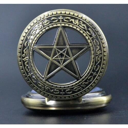 10pcs/lot Antique Steampunk Bronze Five-pointed Star Skeleton Mechanical Pocket Watch Roman Dial with Chain Gift Collection