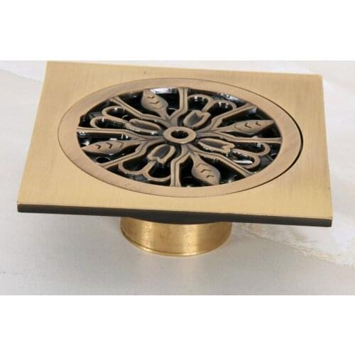 Antique Brass Carved Flower Pattern Bathroom Shower Drain 4" Square Floor Drain Waste Grates ahr046