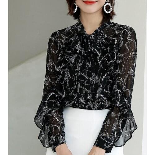 Spring Fall Womens Bow Collar Butterfly Long Sleeve Printed Floral Red White Chiffon Blouse , Autumn Female Woman 4xl Blouses