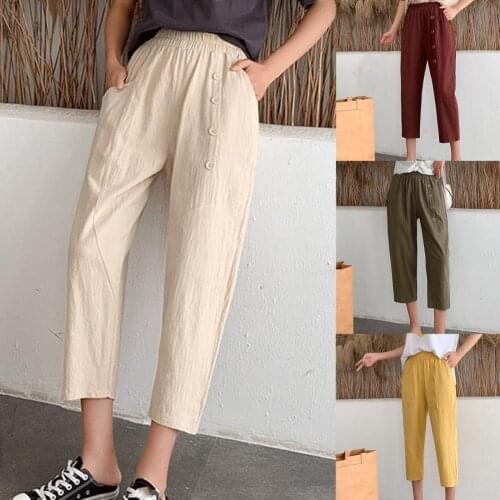 Women Pants Cropped Loose Summer Solid Color Buttons Slacks for Casual Harem Pants Daily Wear Women Clothing Straight Overalls