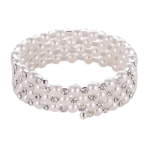 Elastic Four Layers Simulated Pearl Bling Starry Clear Crystal Spring Fashion Bracelets For Women Girls