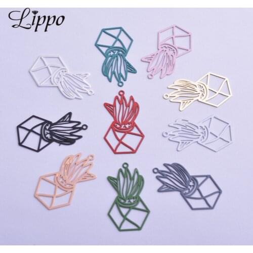 50pcs AC11494 13*23mm Filigree Potted Aloe Charms Brass Silver Color Plant Pendant DIY Earring
