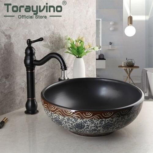 Bathroom Sink Ceramics Hand Painting Lavabo Sobre Encimera With Oil Rubbed Bronze Brass Faucet Deck Mount Cold & Hot Water Tap