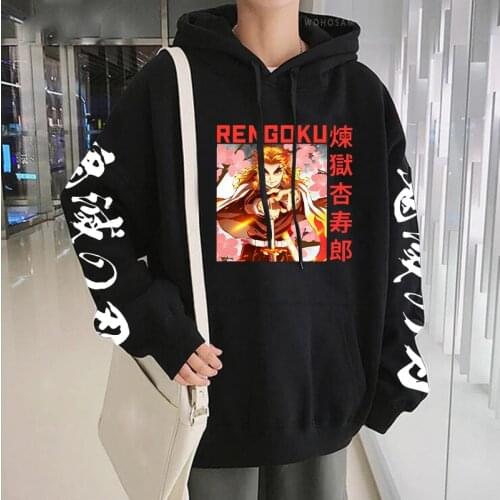 Fashion Japan Anime Demon Slayer Rengoku Kyoujuro Kawaii Printed Patchwork Sweatshirt Cartoon Clothes Casual Men Winter Hoodies