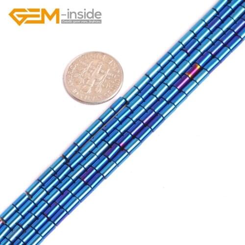 Natural Column Tube NO Magnetic Black Blue Metallic Coated Reflections Hematite Beads For Jewelry Making Strand 15"