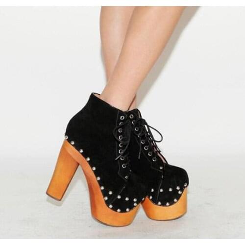 Newest Real Suede Rivets Studs Platform Lace Up Ankle Boots Square Wood Heel Martin Boots Super High Heel Black Short Booties