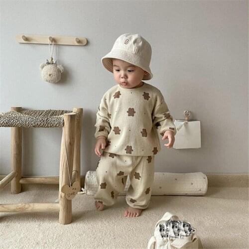 2021 Autumn New Baby Clothes Set Boys Bear Print Sweatshirt Set Cotton Waffle Children Long Sleeve Set Girls Casual Pants Suit