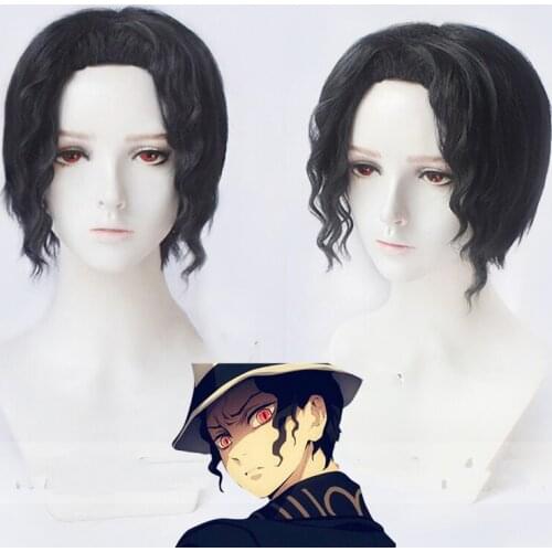 Demon Slayer Kimetsu no Yaiba Kibutsuji Muzan Black Short Curly Wig Cosplay Costume Heat Resistant Synthetic Hair Men Women Wigs