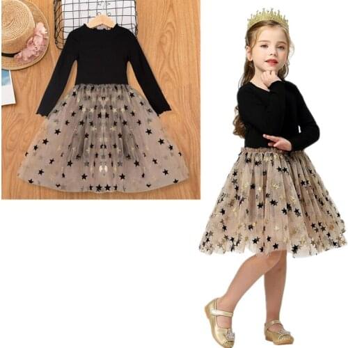 New Year Winter Dress Girls Sequins Star Tulle Dresses Knitted Long Sleeve Dress Christmas Party Costume For Kids Child Clothing