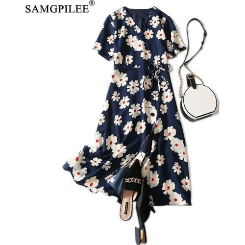 Summer Clothes For Women 2020 Dresses Office Lady Dress A-line Print Short Sashes Knee-length Empire V-neck Dress For Women 3XL