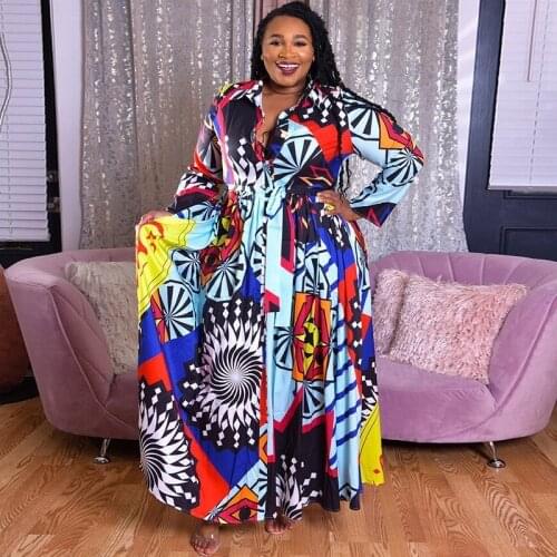 Plus Size 5XL Long Dress African Dresses For Women Robe Print Maxi Dress African Clothes Long Sleeve Big Swing Party Dress Beach