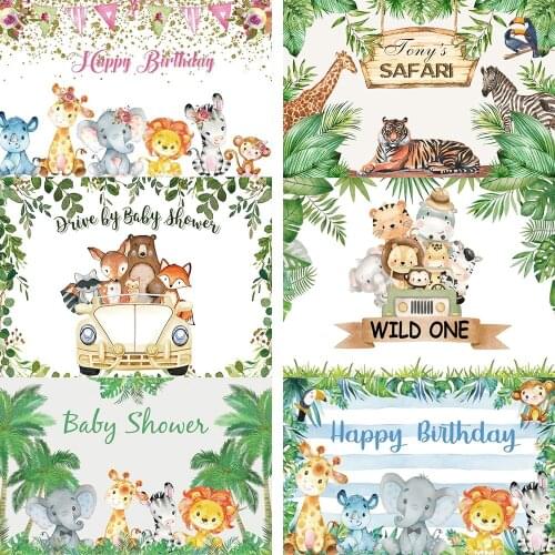 Vinyl Baby Backdrops Cartoon Watercolor Jungle Safari Birthday Background Wild One Baby Shower Custom Poster Photo Studio Banner