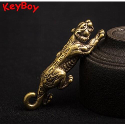 Vintage Brass Tiger Token Figurines Keychain Pendants Metal Zodiac Animal Charms Car Key Chain DIY Accessories Keyrings Hangings