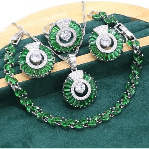 Green Emerald 925 Silver Jewelry set for Women Bracelet Stud Earrings Necklace pendant Ring