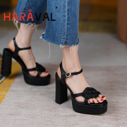 HARAVAL Women Sandals Shoes Elegant High Heels Shoes Thick Heel Buckle Strap Genuine Leather Summer Black White PlatformB266