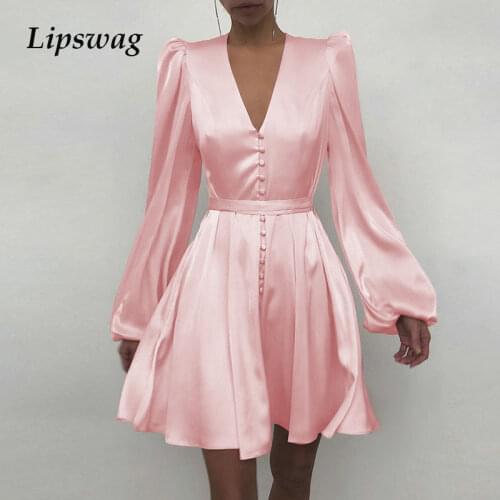 Women Elegant Solid Puff Long Sleeve Party Dress 2021 Spring Sexy V-neck Button Mini Dress Office Lady Loose Belt A-Line Dresses